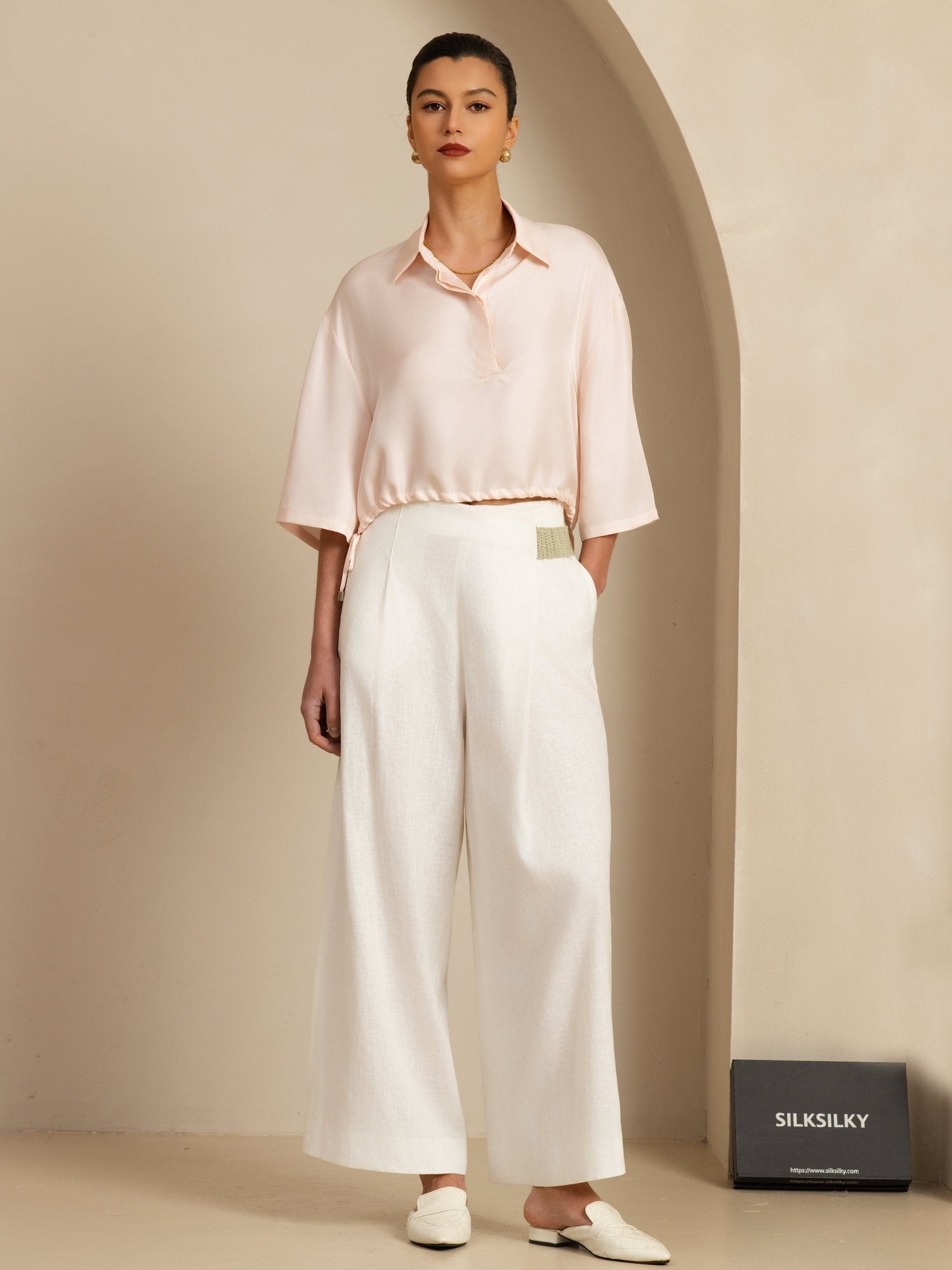 [Rosa] SilkSilky-DE 18Momme Halblange Ärmel Lapelkragen Bluse 007