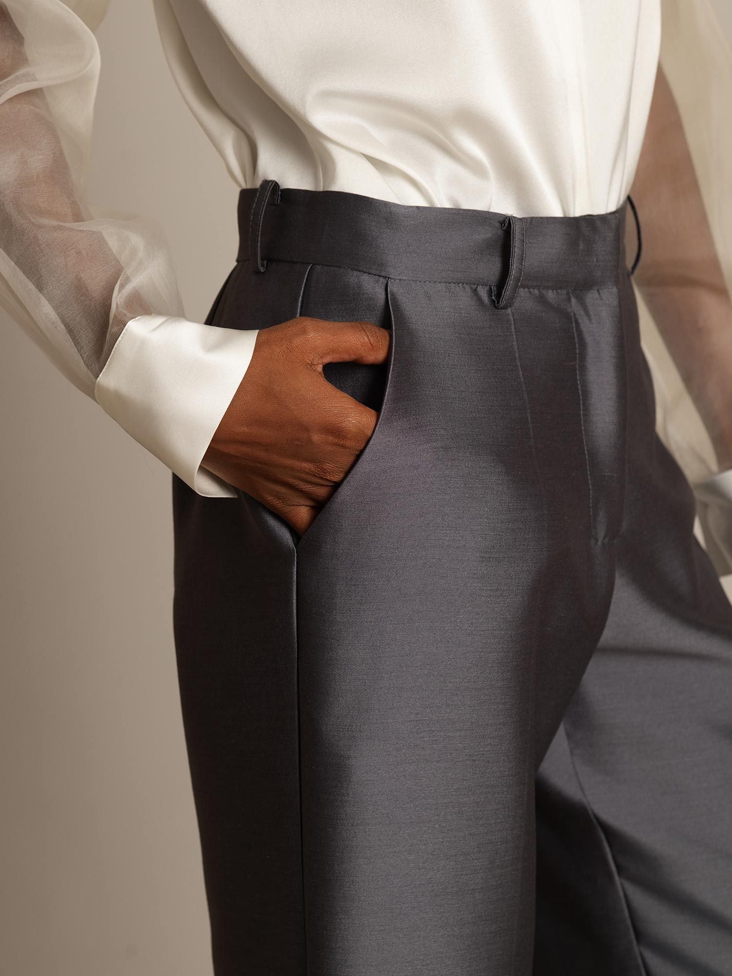 [Grau] SilkSilky-DE 32Momme Silk-Wool Blend Womens Pants 004,