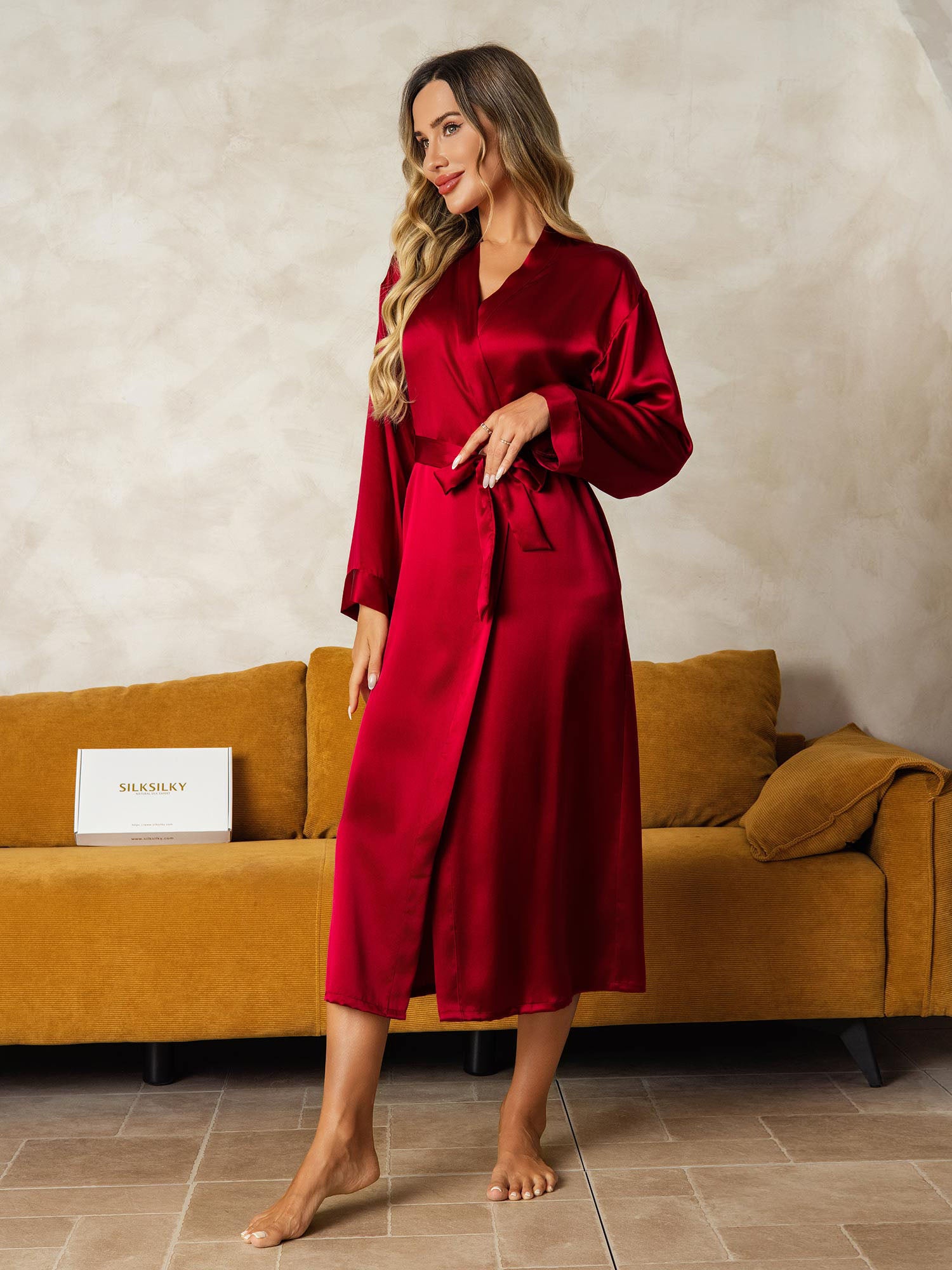 [Rotwein] SilkSilky-DE Reine Seide Womens Robe 004