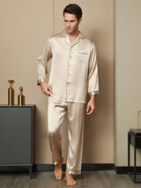 [Tan] SilkSilky-DE Reine Seide Langärmelig Revers Herren Pyjamas 007