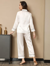 [Weiß] SilkSilky-DE Reine Seide Langärmelig Womens Pajamas 003