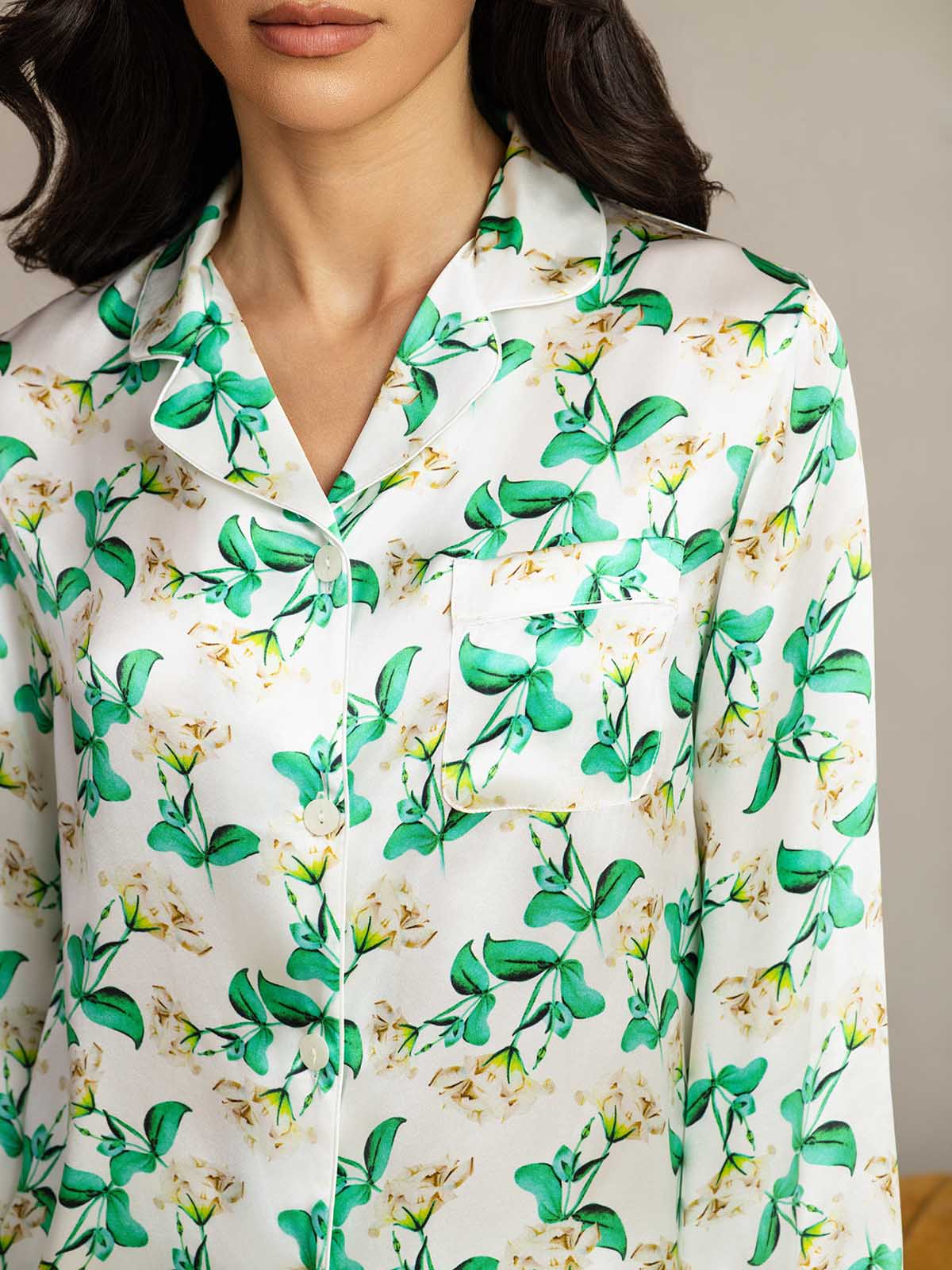 [Grün Blumen] SilkSilky-DE Reine Seide Womens Pajamas 007