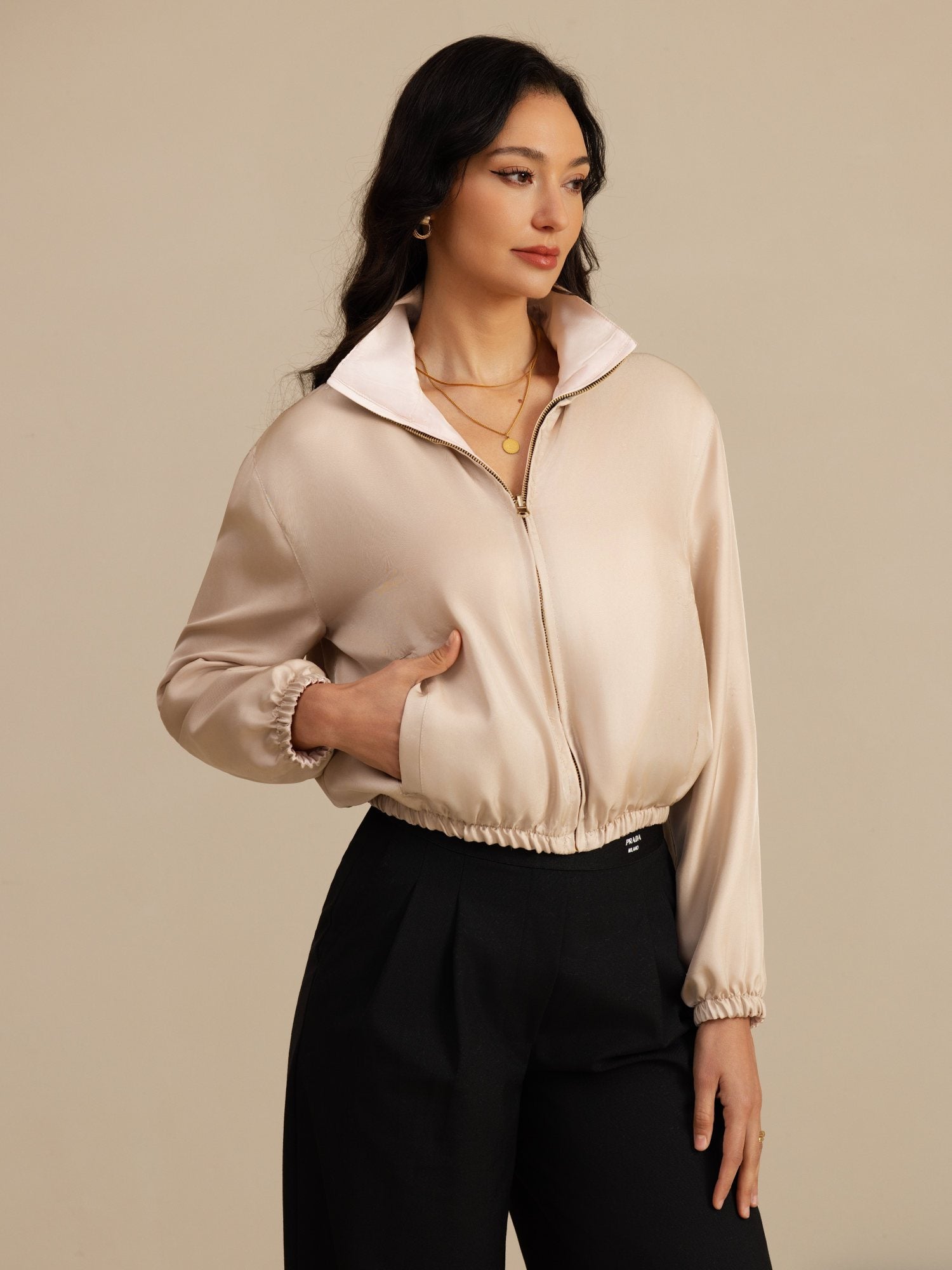 [Tan+Rosa] SilkSilky-DE 18Momme Langärmelig Stehkragen Oberbekleidung 001