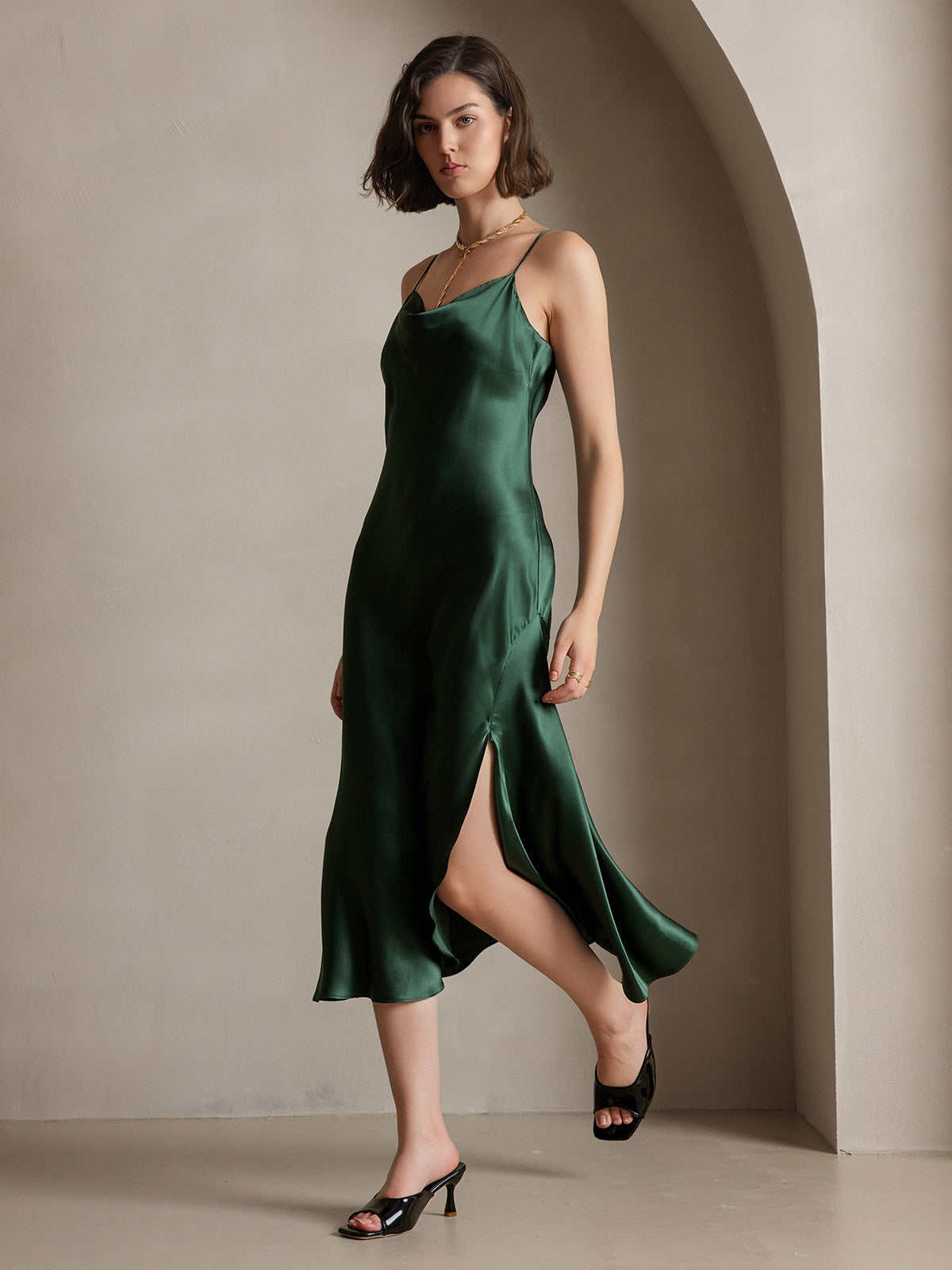 [Dunkelgrün] SilkSilky-DE 19Momme Reine Seide Dress 007