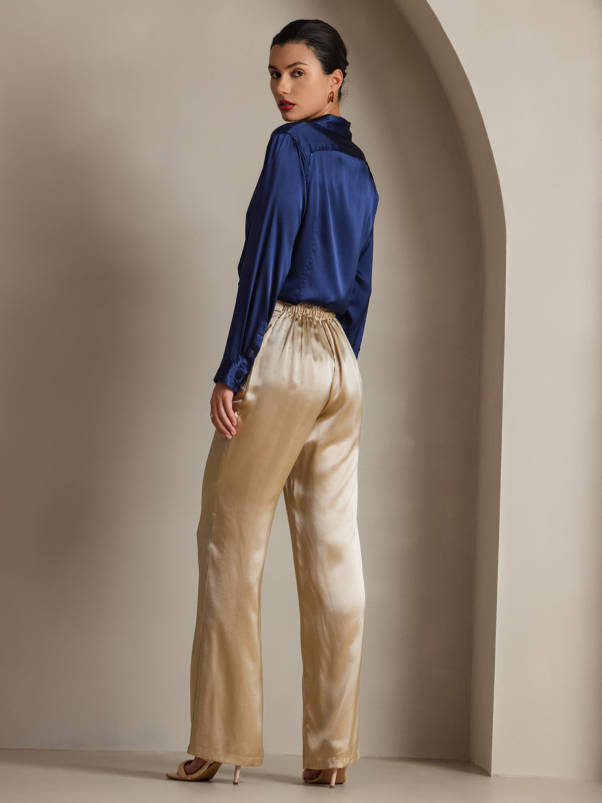 [Dunkelblau] SilkSilky-DE Seide Langärmelig Umlegekragen Damenhemd 002