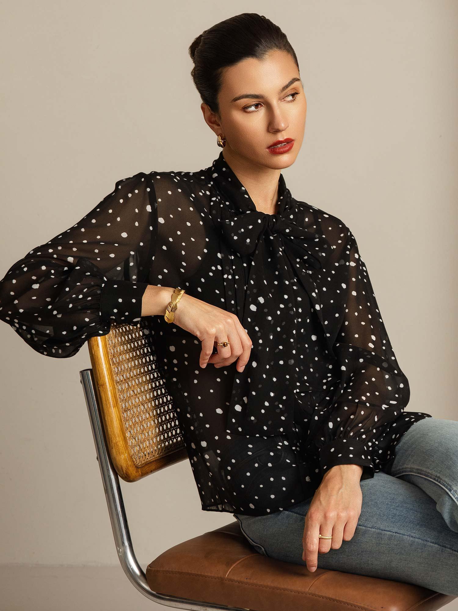 [Punktmuster] SilkSilky-DE Reine Seide Womens Shirt 008