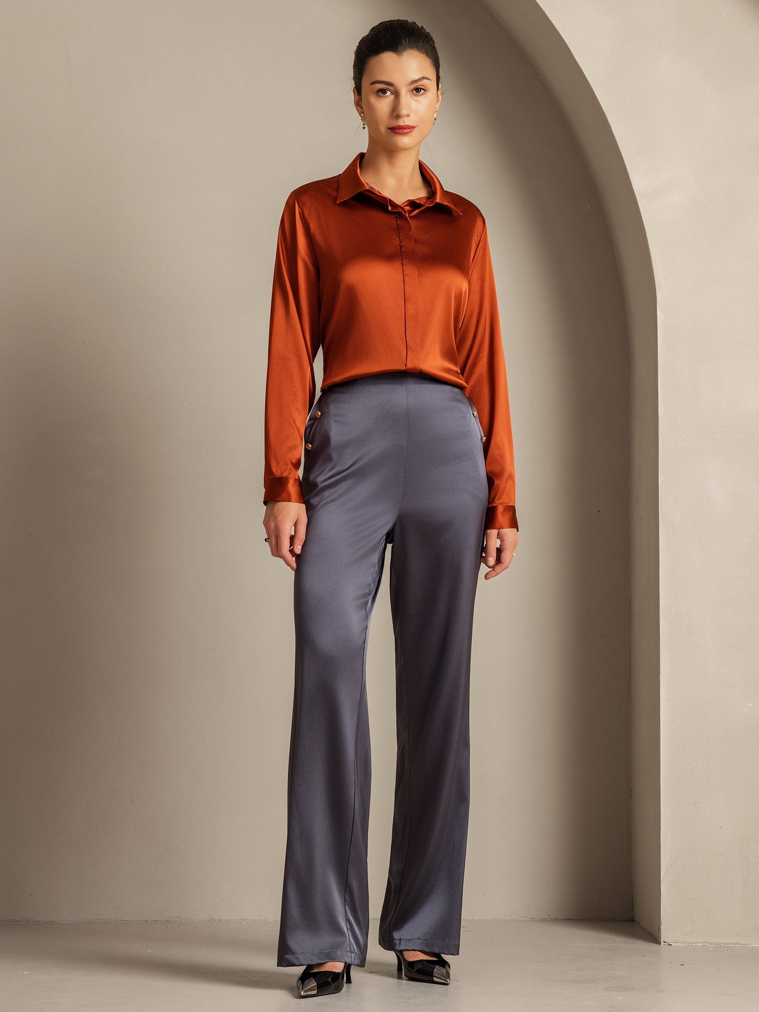 [Karamell] SilkSilky-DE 19Momme Langärmelig Lapelkragen Damenhemd 008