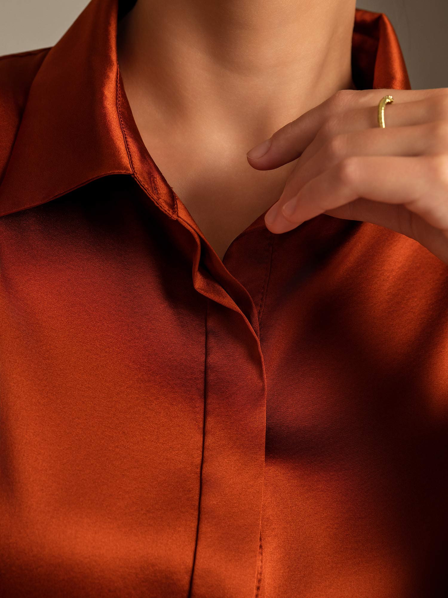 [Karamell] SilkSilky-DE 19Momme Seide Langärmelig Umlegekragen Damenhemd 006