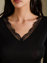 [Schwarz] SilkSilky-DE Long Sleeve V Neck Damen Lange Unterwäsche 005
