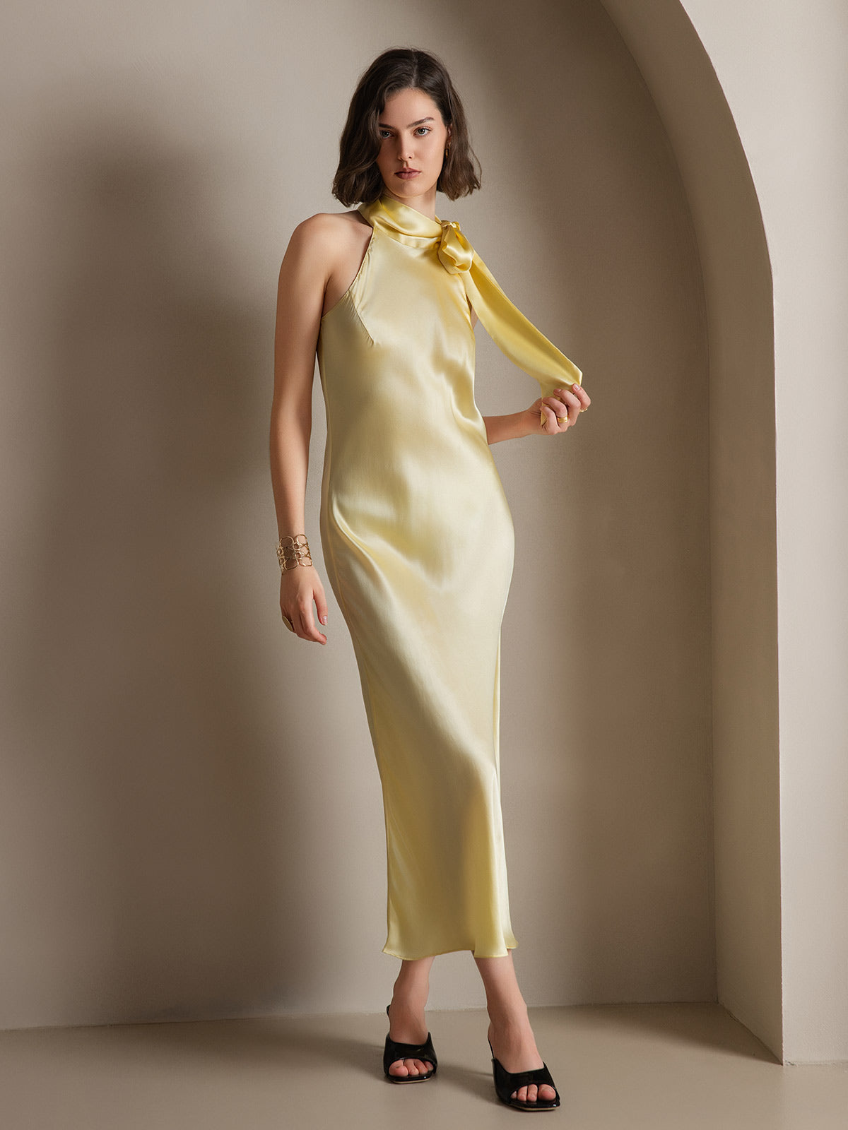[Hellgelb] SilkSilky-DE 19Momme Seide Dress 006