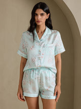 [Himmelblau Blumen] SilkSilky-DE Short Sleeve Notch Collar Damen Pyjamas 004