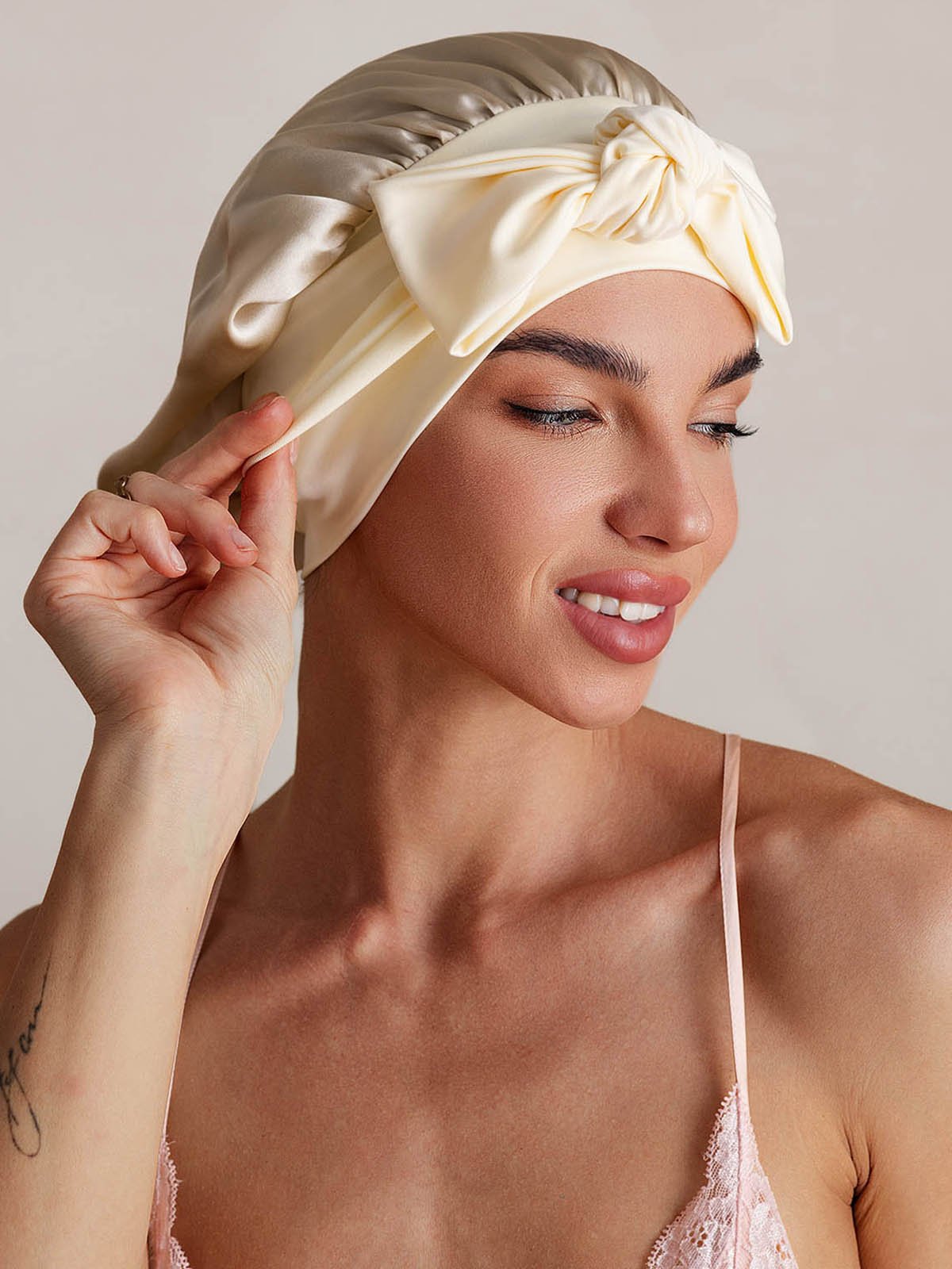[Beige] SilkSilky-DE Reine Seide Sleep Cap 005