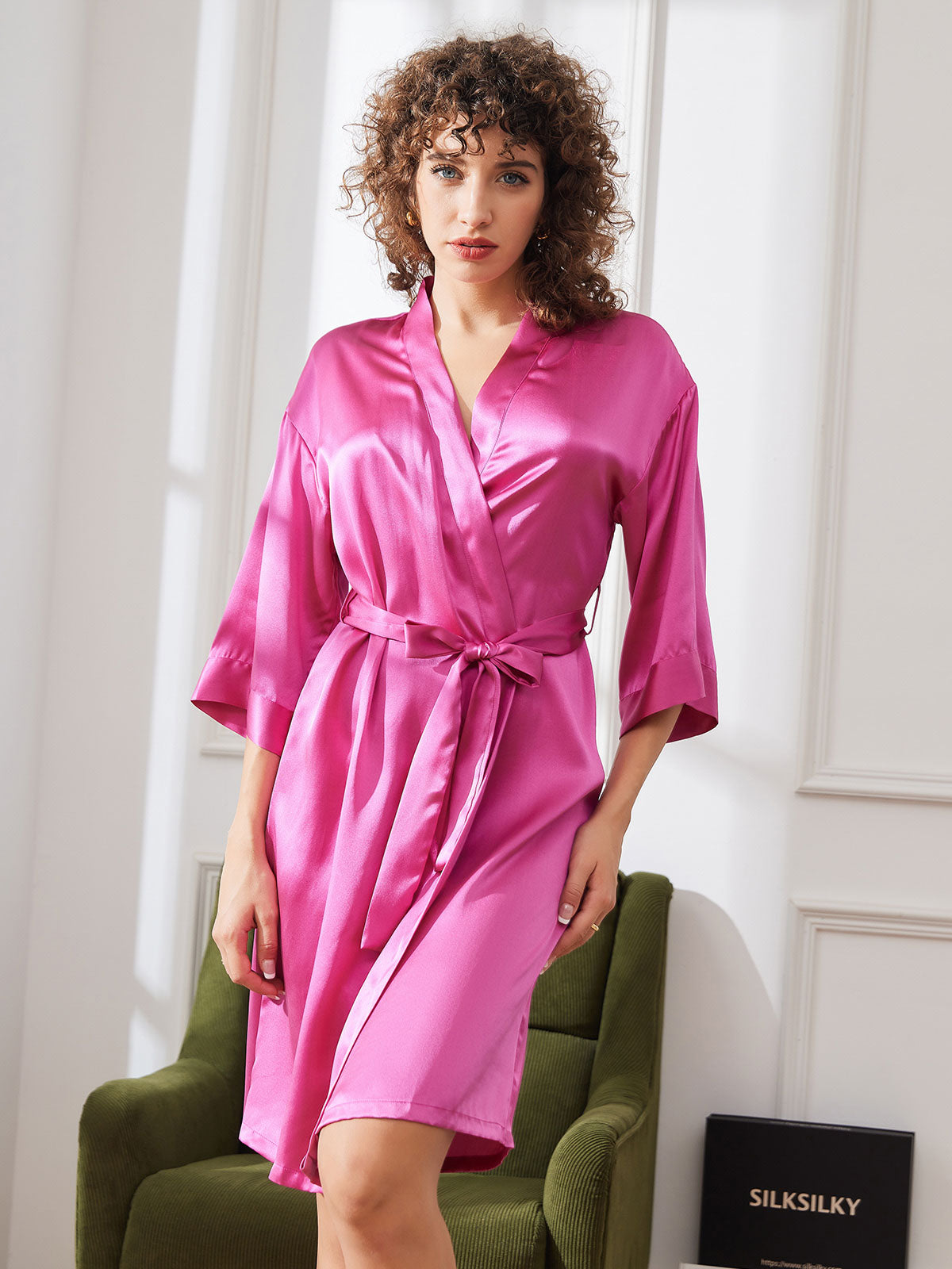 SilkSilky DE Reine Seide Halblange Ärmel Womens Robe Rosa 003