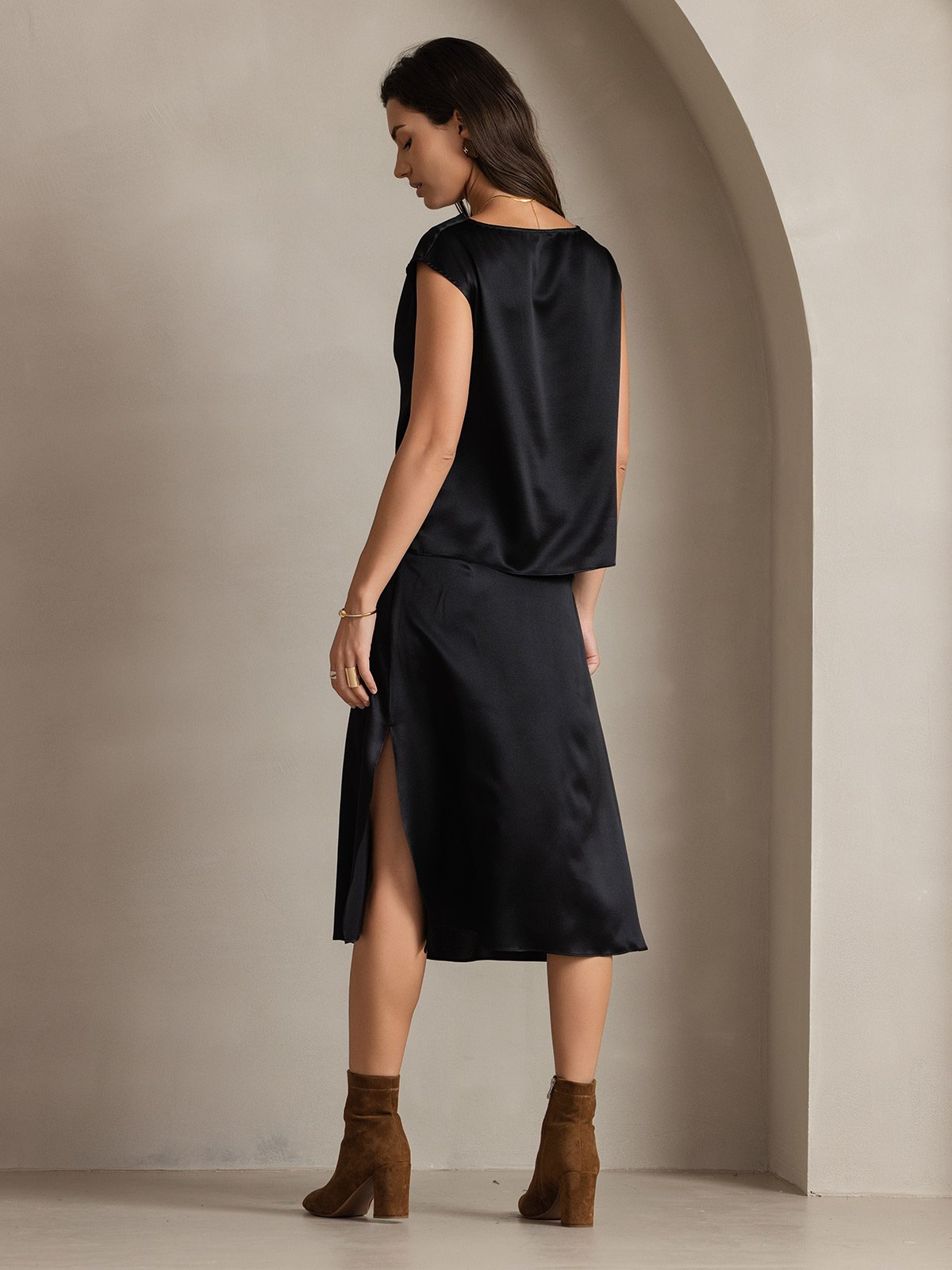 [Schwarz] SilkSilky-DE 19Momme Seide Ärmellos Wasserfallausschnitt T-Shirt 002