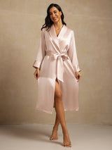 [Rosa] SilkSilky-DE Reine Seide Umlegekragen Damen Morgenmantel 006,