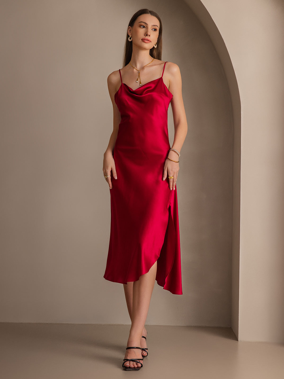 [Rotwein] SilkSilky-DE 19Momme Reine Seide Dress 006