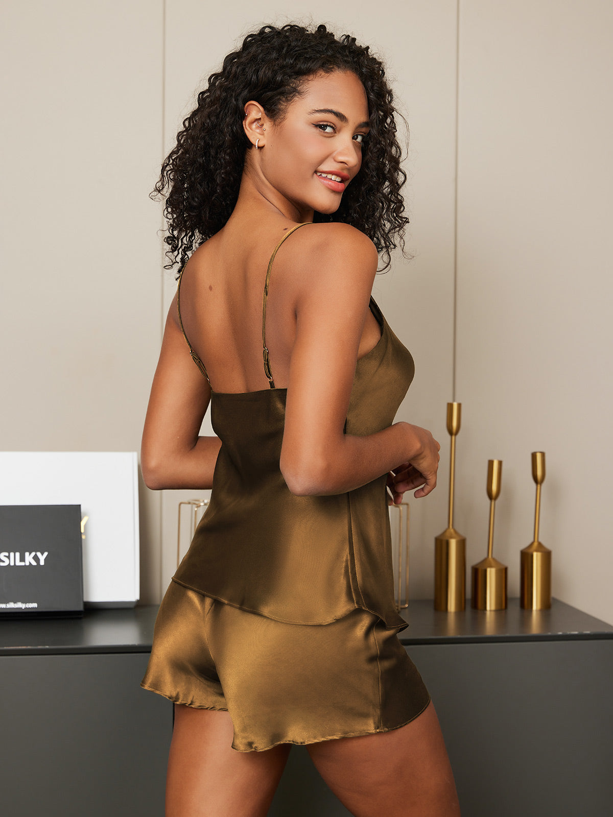 [Kaffee] SilkSilky-DE Reine Seide V Ausschnitt Camisole-Set 005,