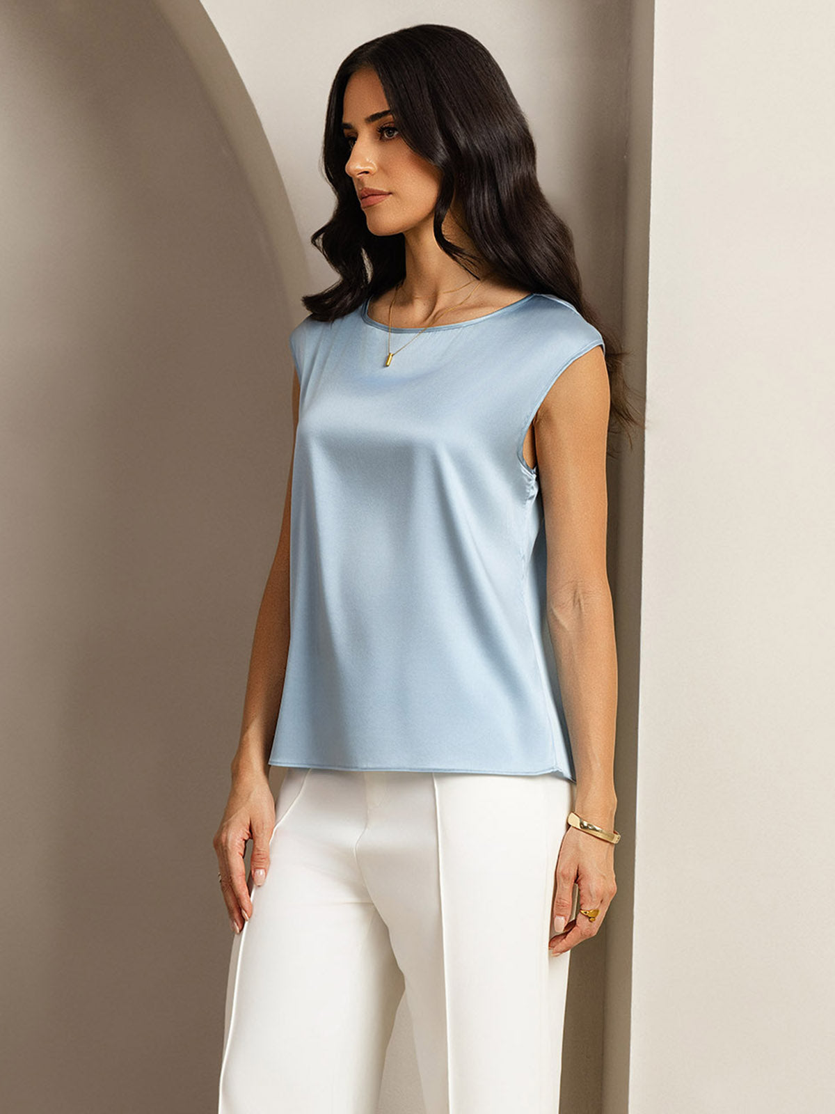 [Graublau] SilkSilky-DE 19Momme Seide Womens T-Shirt 005