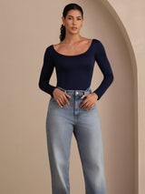 [Dunkelblau] SilkSilky-DE Long Sleeve U Ausschnitt T-Shirt 004