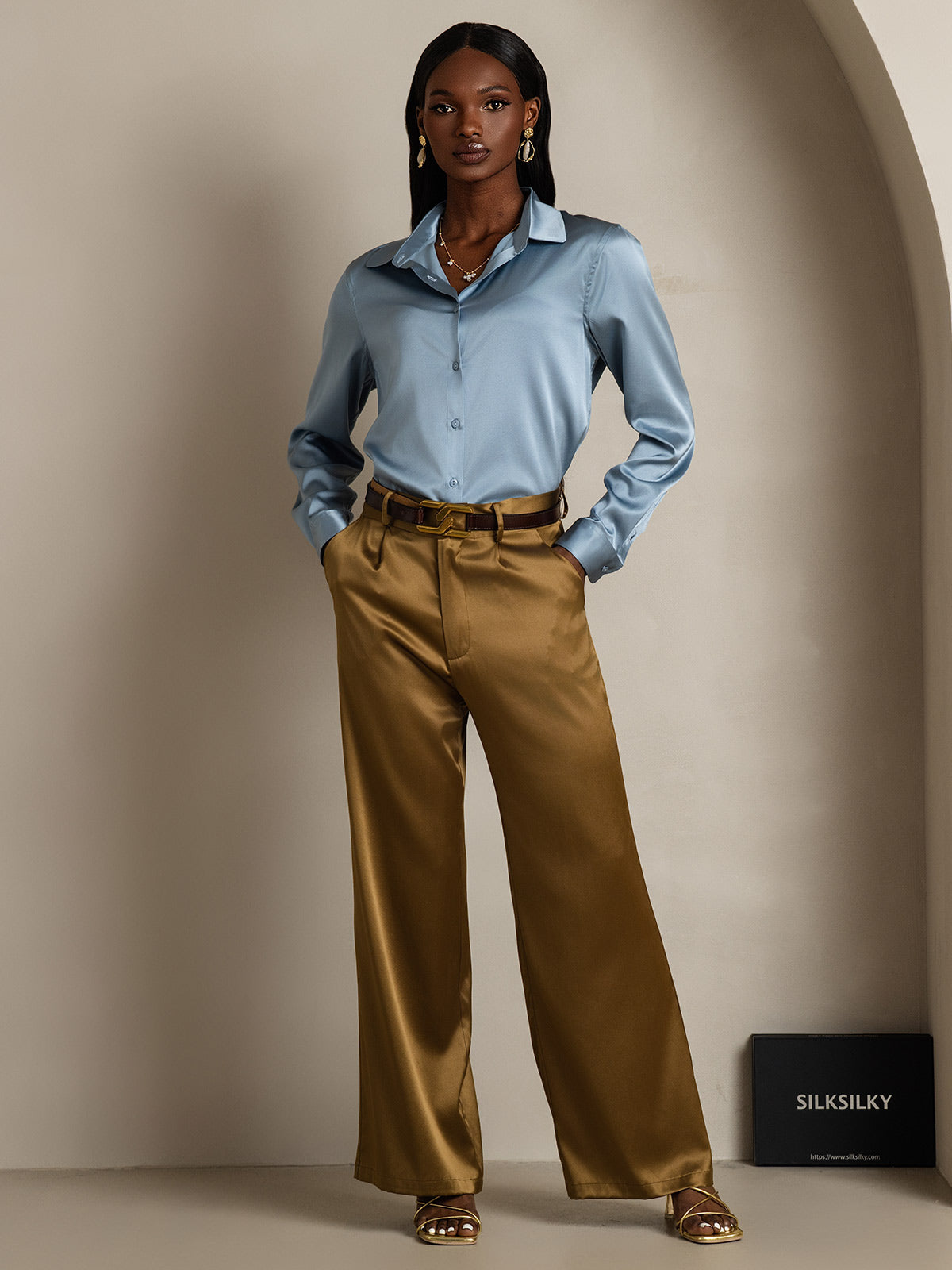 [Graublau] SilkSilky-DE Seide Langärmelig Umlegekragen Damenhemd 009