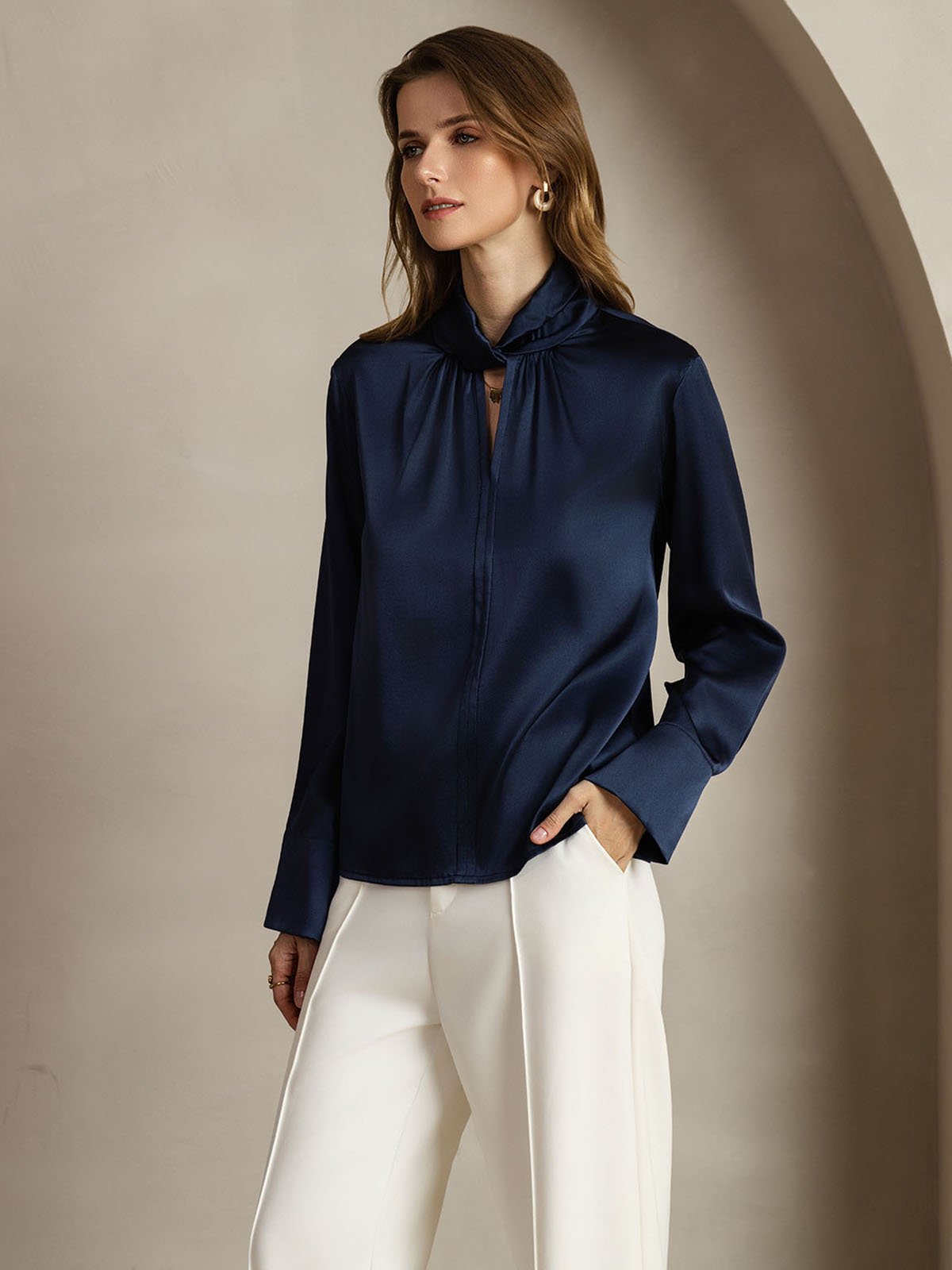 [Dunkelblau] SilkSilky-DE 19Momme Seide Womens Shirt 003