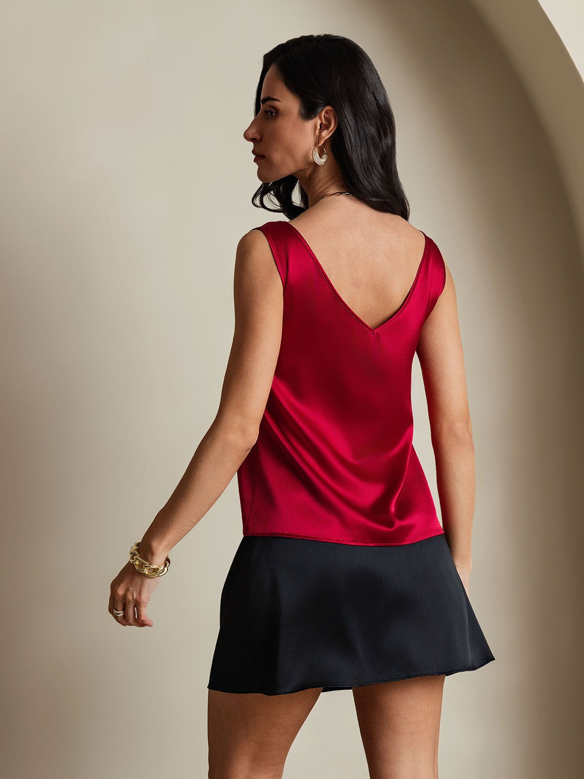 [Rotwein] SilkSilky-DE 19Momme Seide V Ausschnitt Cami Top 002