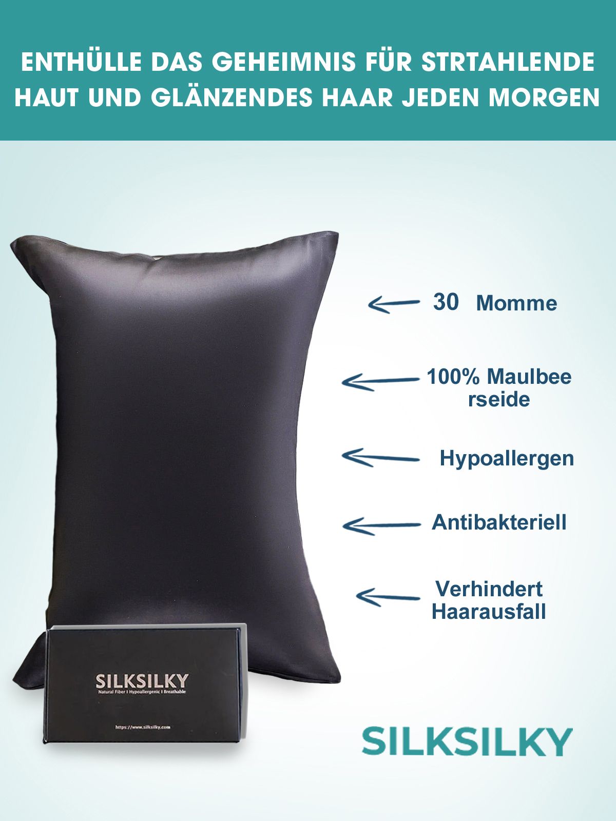 SilkSilky DE 30Momme Reine Seide Pillowcase Schwarz 002