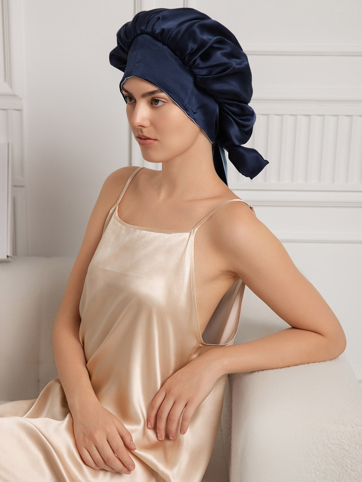 [Dunkelblau] SilkSilky-DE Reine Seide Sleep Cap 004