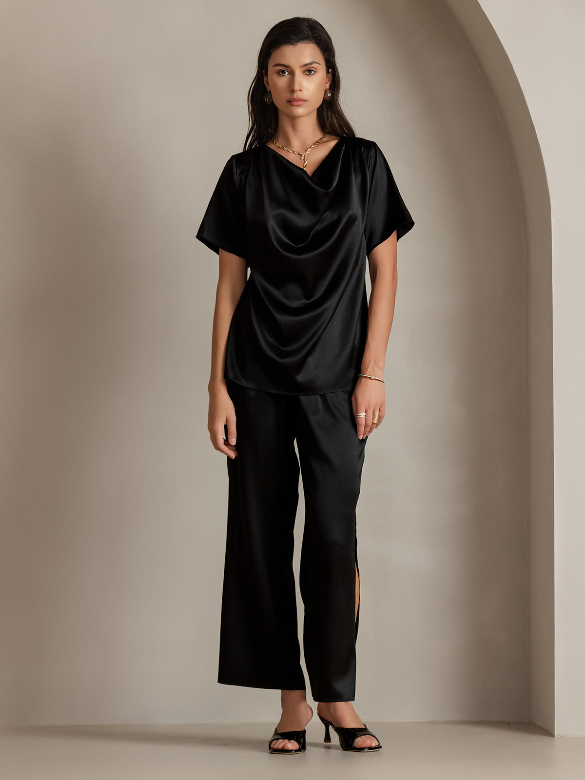 [Schwarz] SilkSilky-DE 19Momme Seide Womens T-Shirt 004
