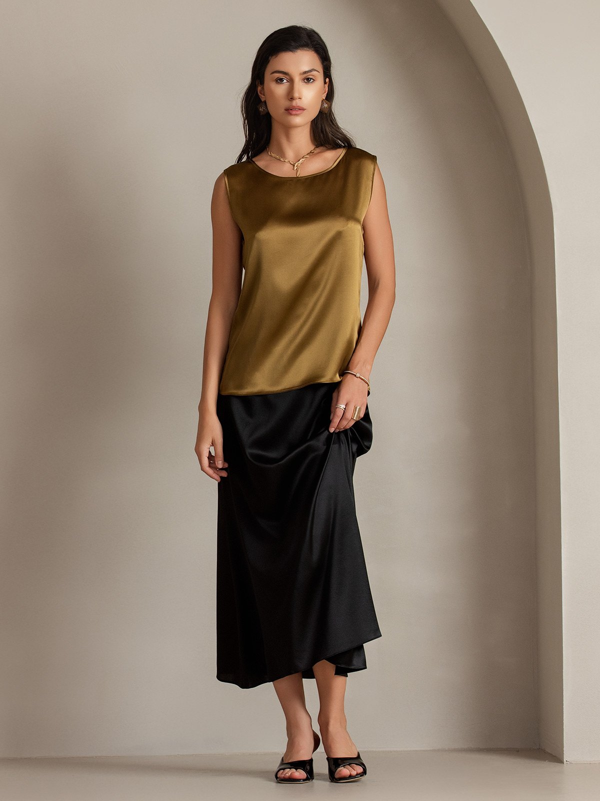 [Braun] SilkSilky-DE 19Momme Ärmellos Rundhalsausschnitt Cami Top 001