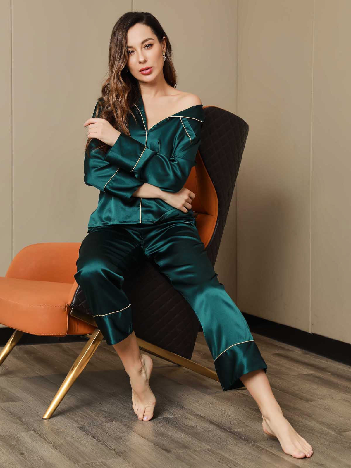 [Dunkelgrün] SilkSilky-DE 19Momme Damen Pyjamas 001