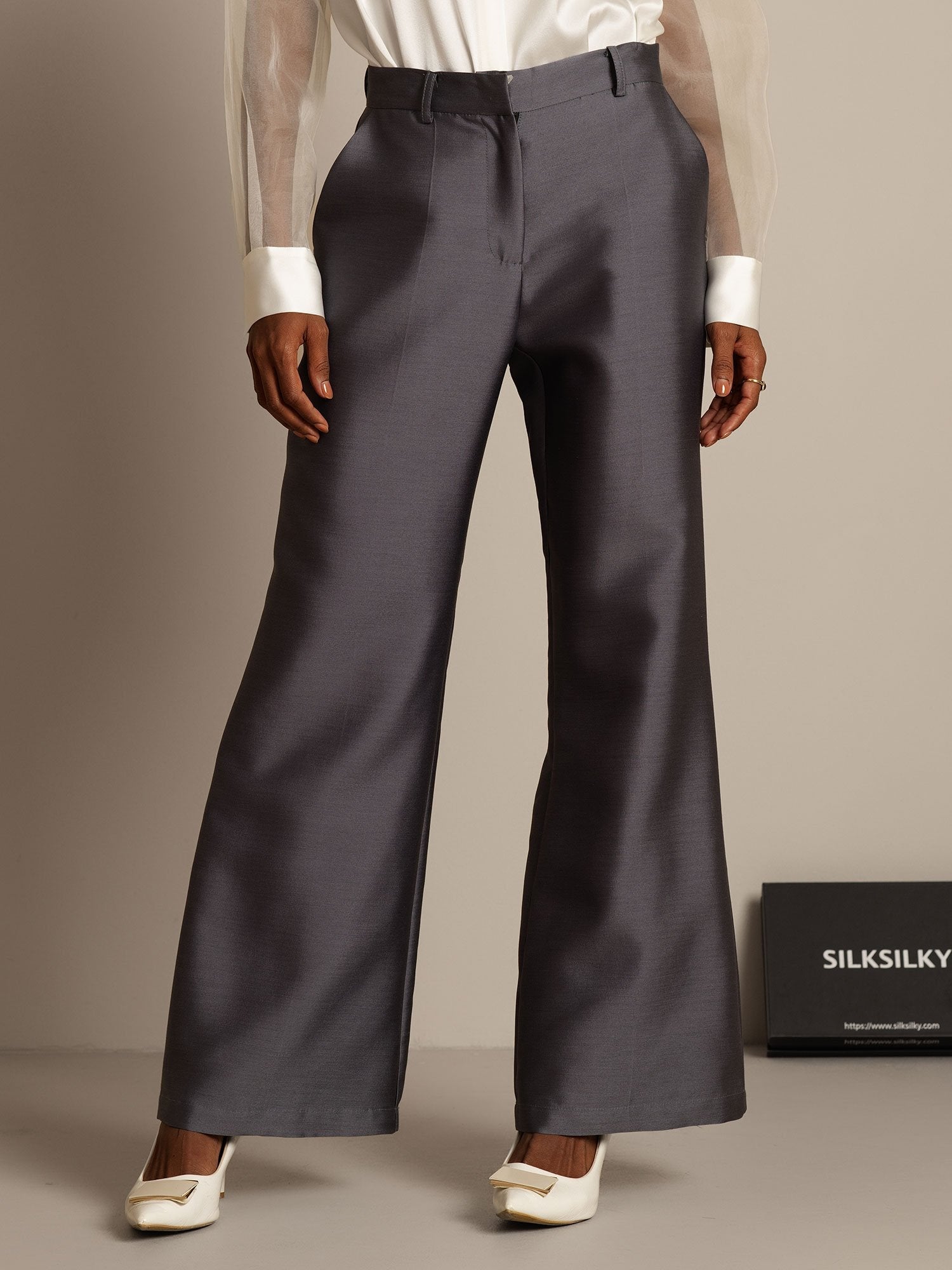 [Grau] SilkSilky-DE 32Momme Silk-Wool Blend Womens Pants 005,