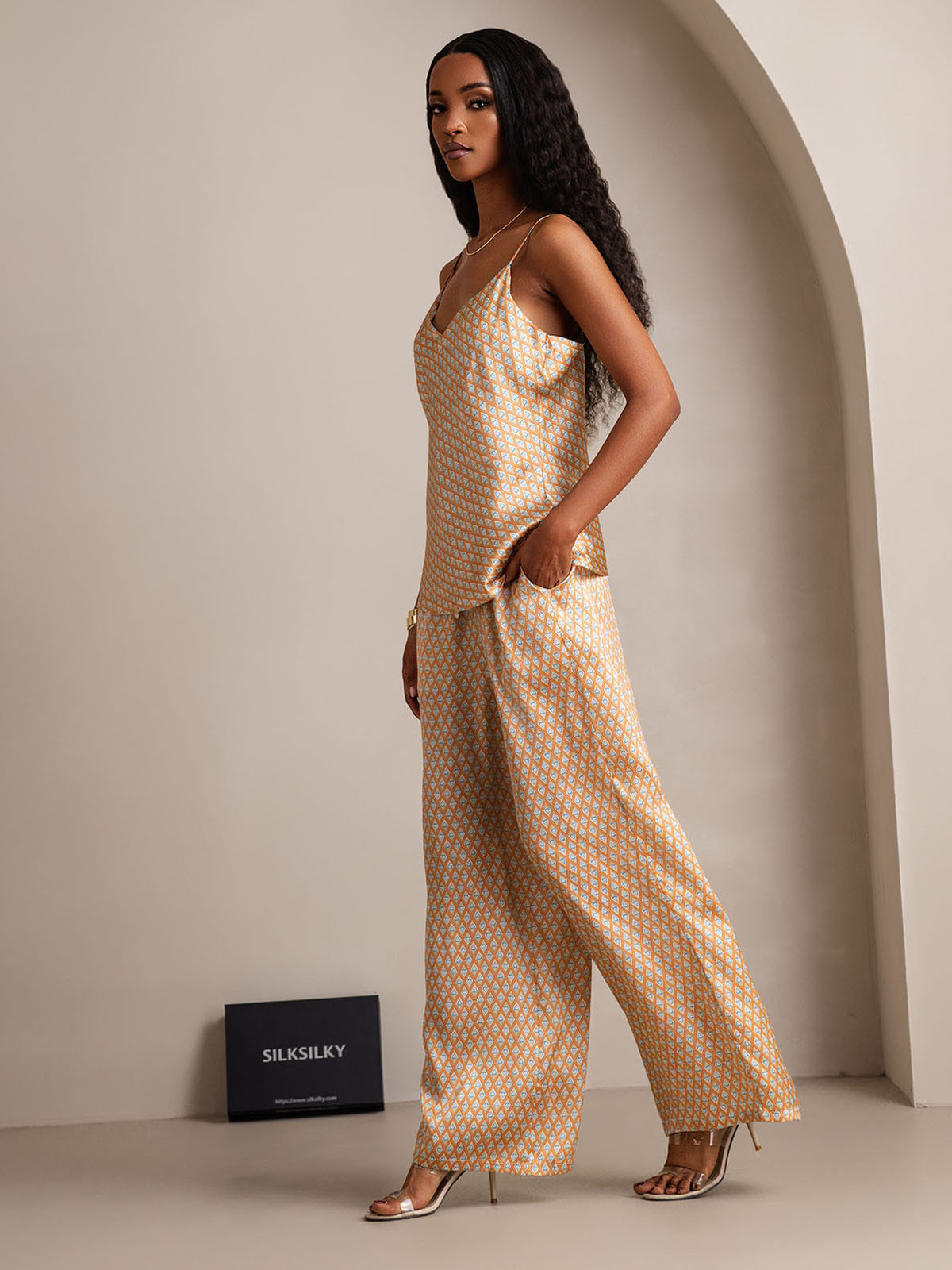 [Floral] SilkSilky-DE Reine Seide V Ausschnitt Camisole-Set 007,