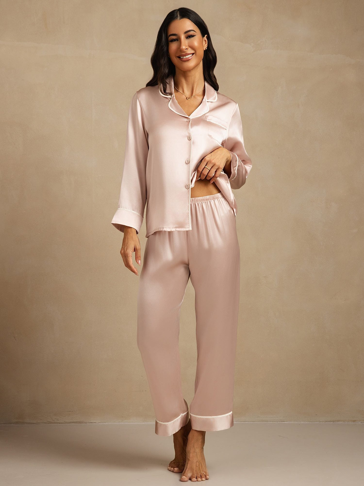 [Rosa] SilkSilky-DE Reine Seide Umlegekragen Damen Pyjamas 001