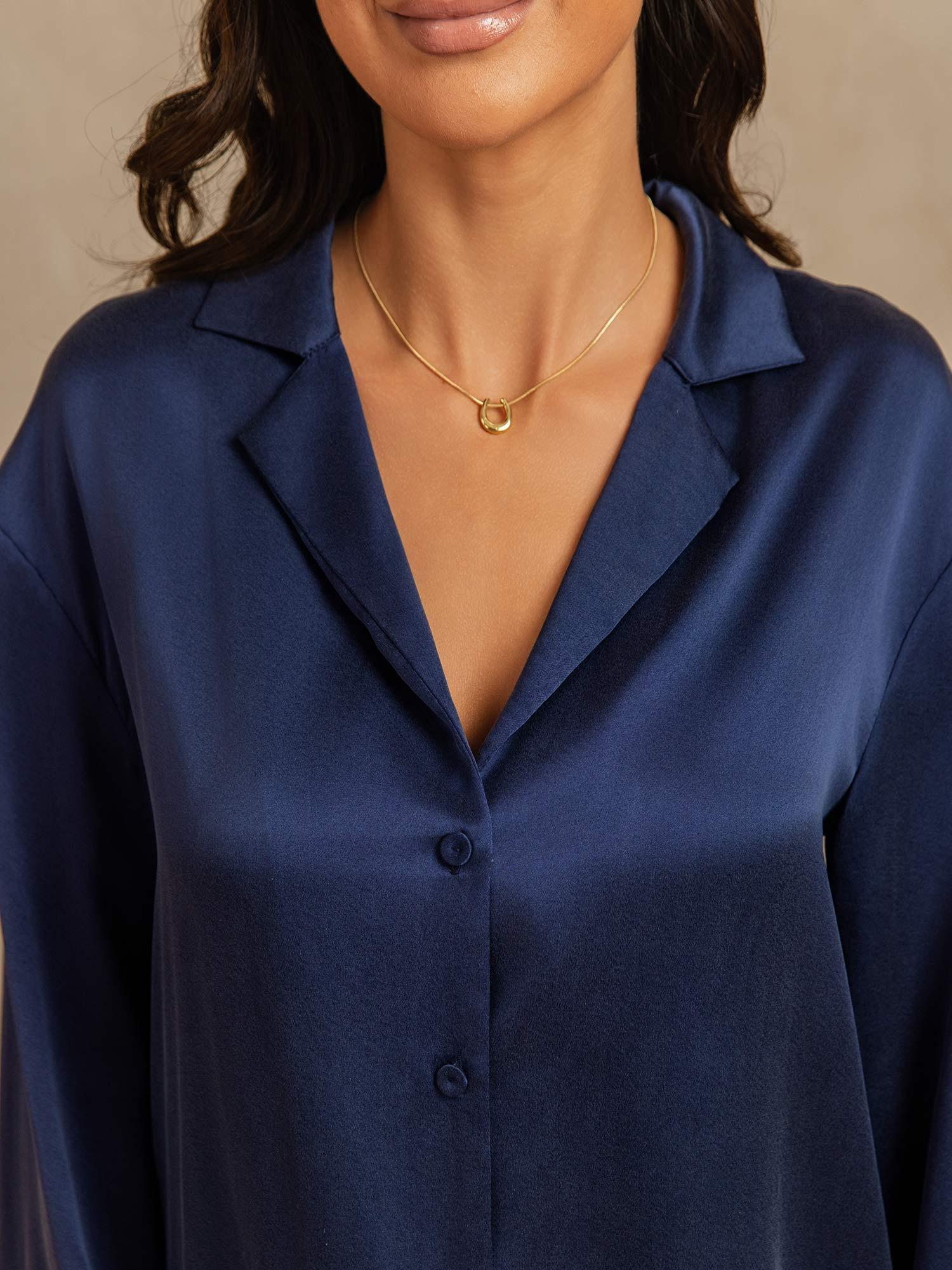 [Dunkelblau] SilkSilky-DE 19Momme Seide Umlegekragen Damen Pyjamas 004