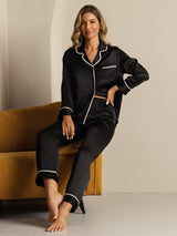 [Schwarz] SilkSilky-DE Langärmelig Notch-Kragen Damen Pyjamas 008