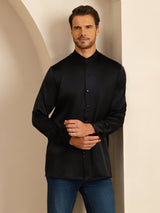 [Schwarz] SilkSilky-DE Long Sleeve Stand Collar Herrenhemd 006