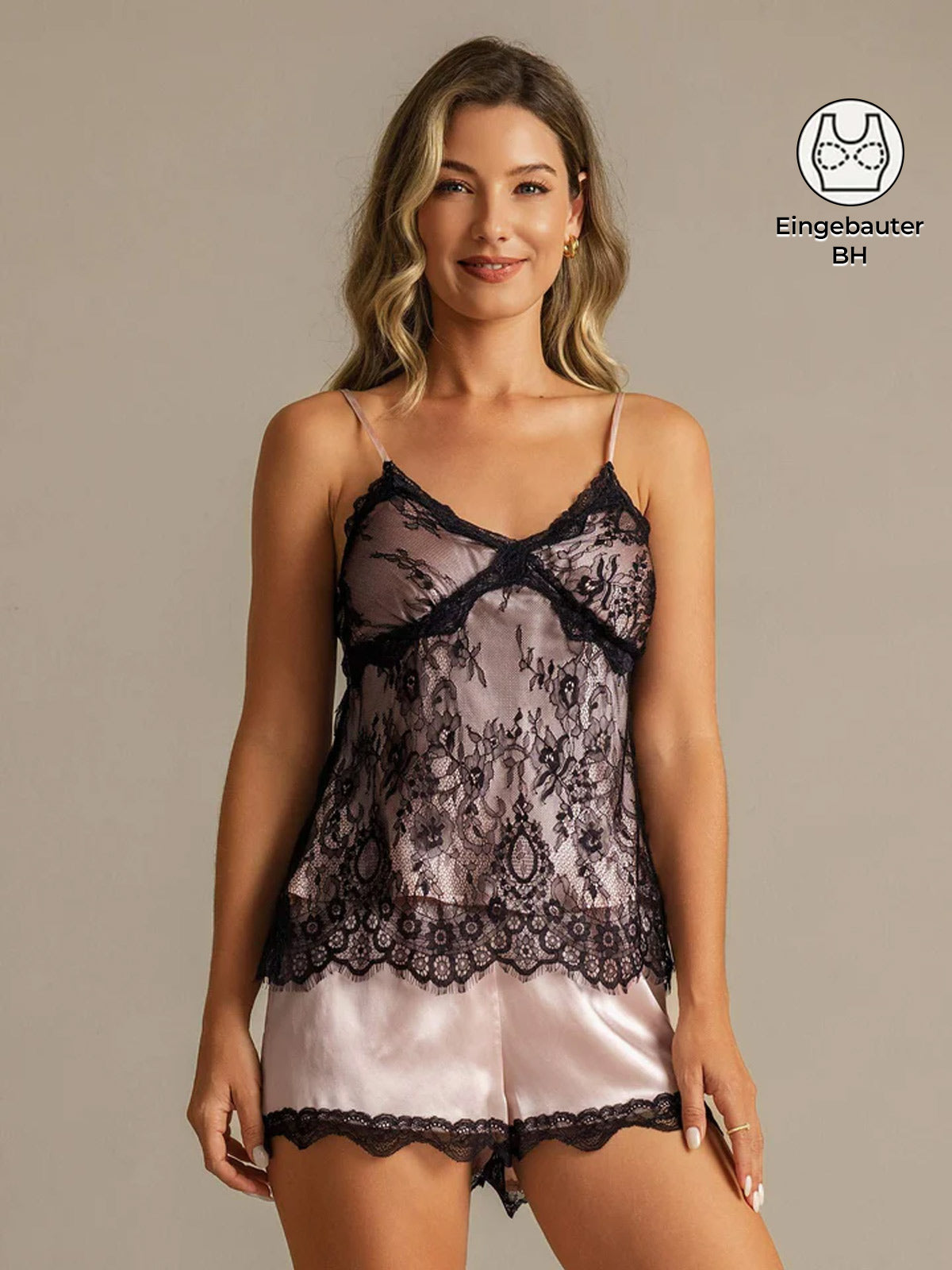 [Rosa] SilkSilky-DE Spaghettiträger Camisole-Set 001