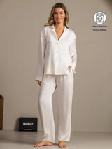 [Weiß] SilkSilky-DE 19Momme Langärmelig Notch-Kragen Damen Pyjamas 001