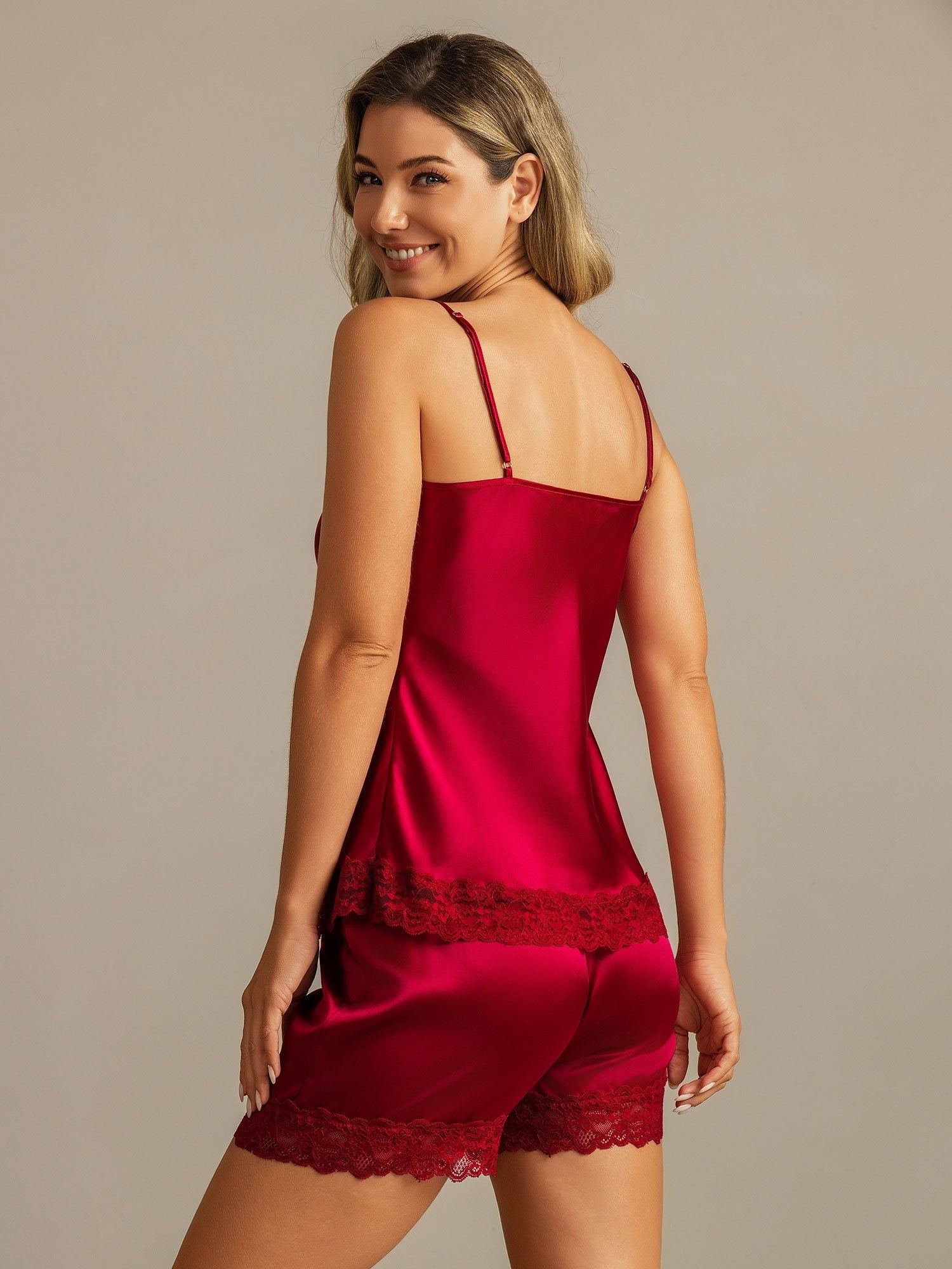 [Rotwein] SilkSilky-DE Sleeveless V Neck Camisole-Set 002