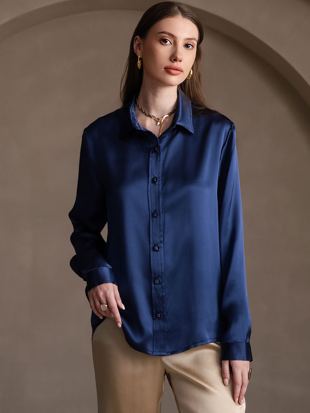 SilkSilky-DE 19Momme Seide Langärmelig Umlegekragen Damenhemd Dunkelblau 004