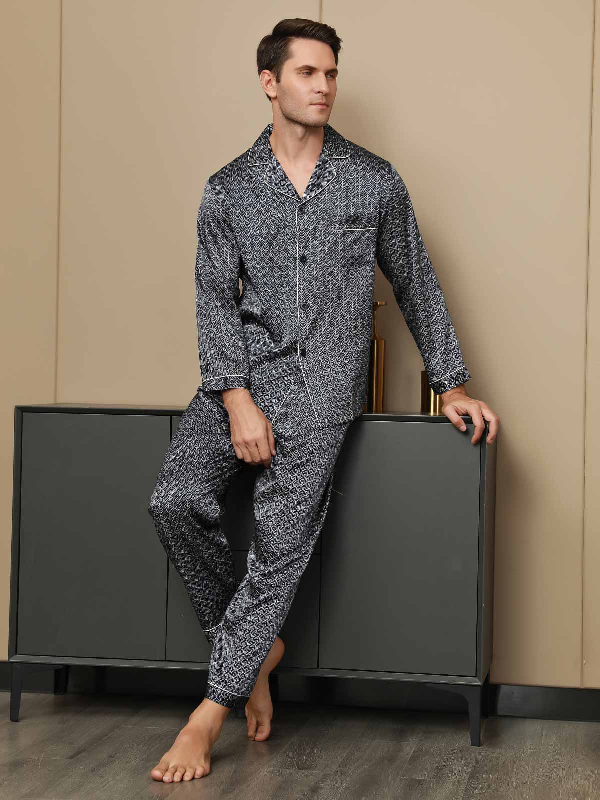 [Marine Ginkgo] SilkSilky-DE 19Momme Reine Seide Mens Pajamas 001