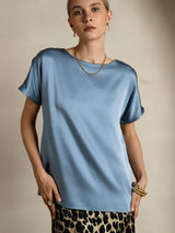 [Graublau] SilkSilky-DE 19Momme Kurzärmelig U-Boot-Ausschnitt T-Shirt 005
