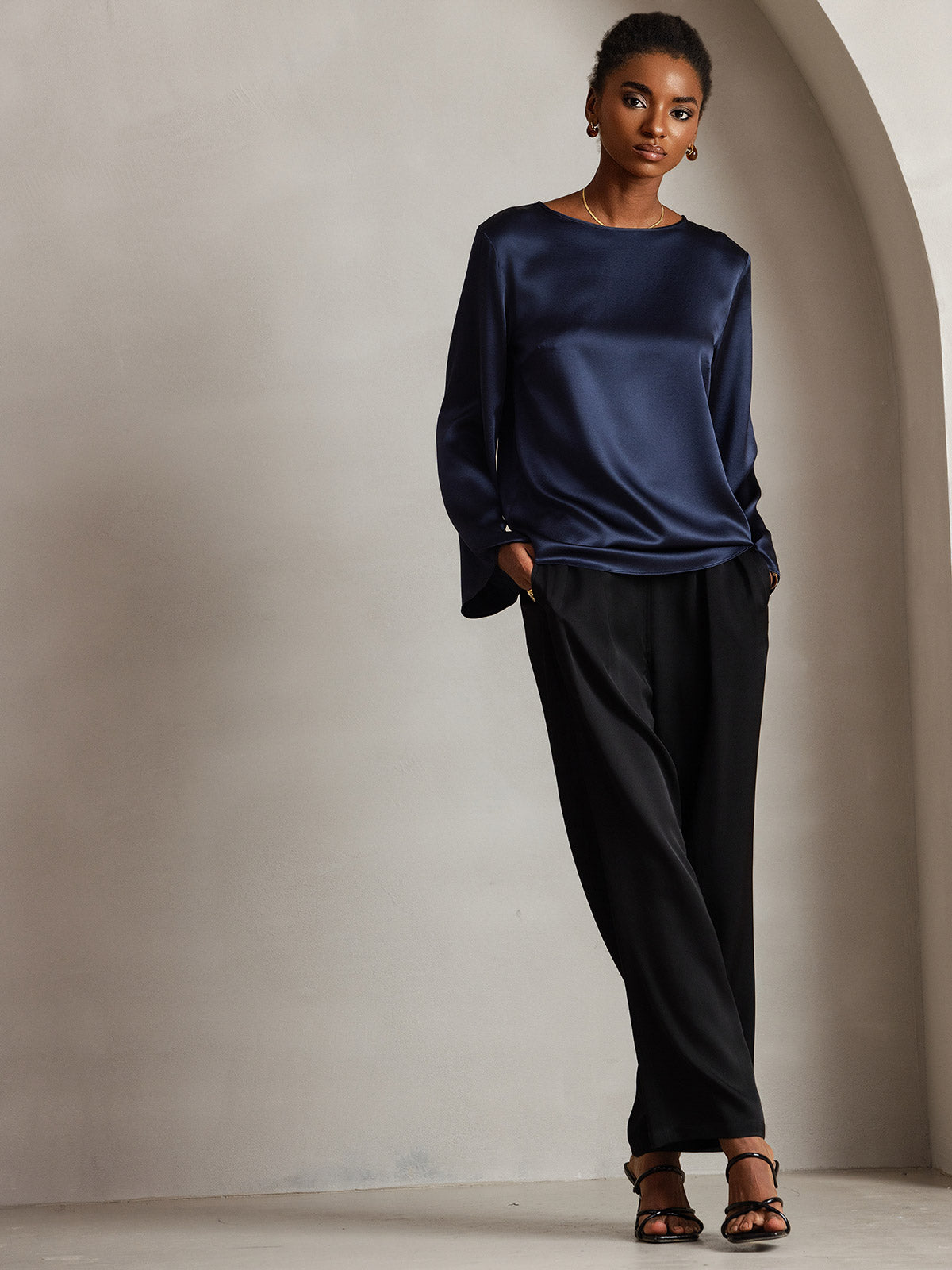 [Dunkelblau] SilkSilky-DE 19Momme Seide Womens T-Shirt 006
