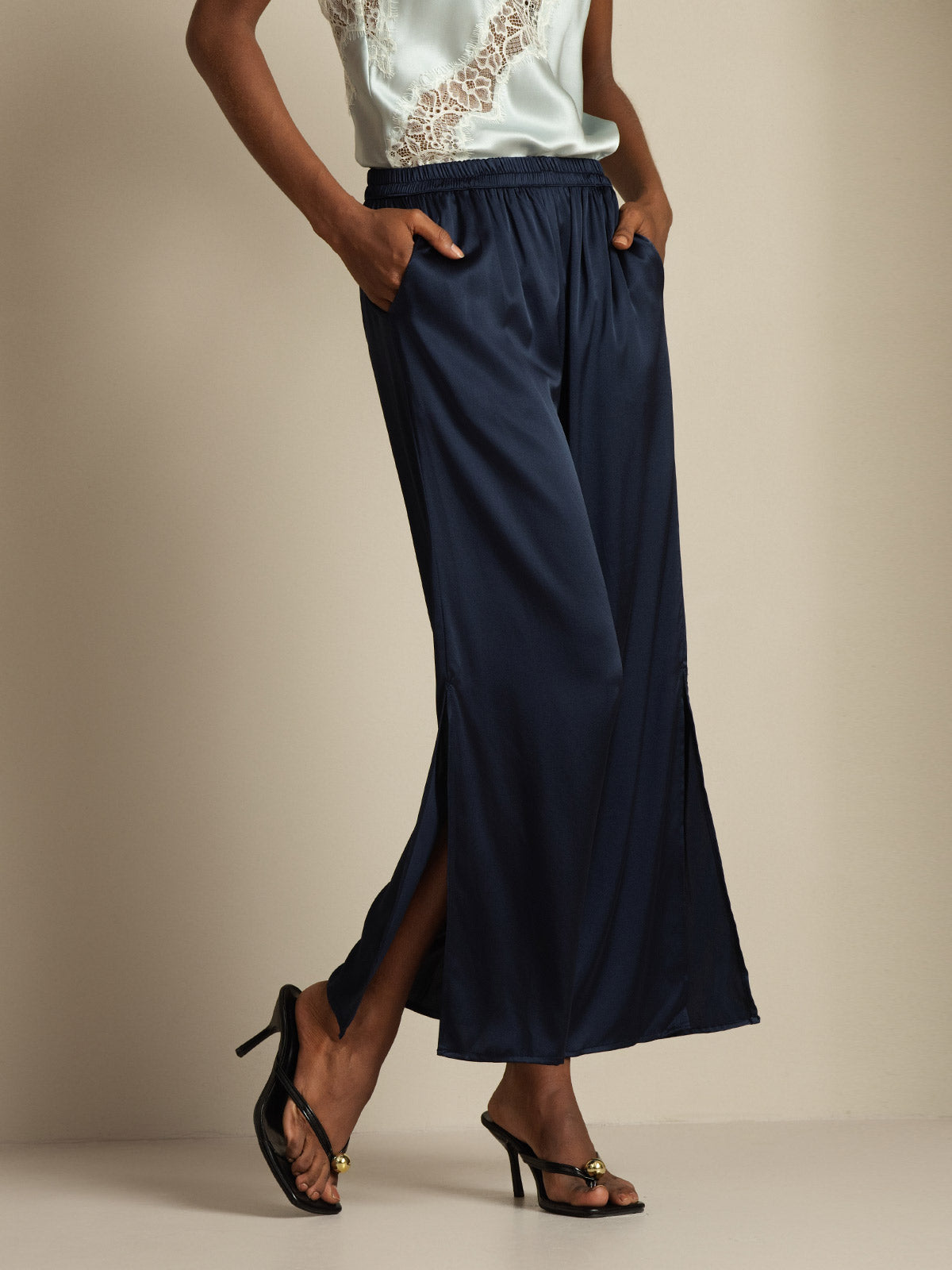 [Dunkelblau] SilkSilky-DE 19Momme Seide Womens Pants 003,