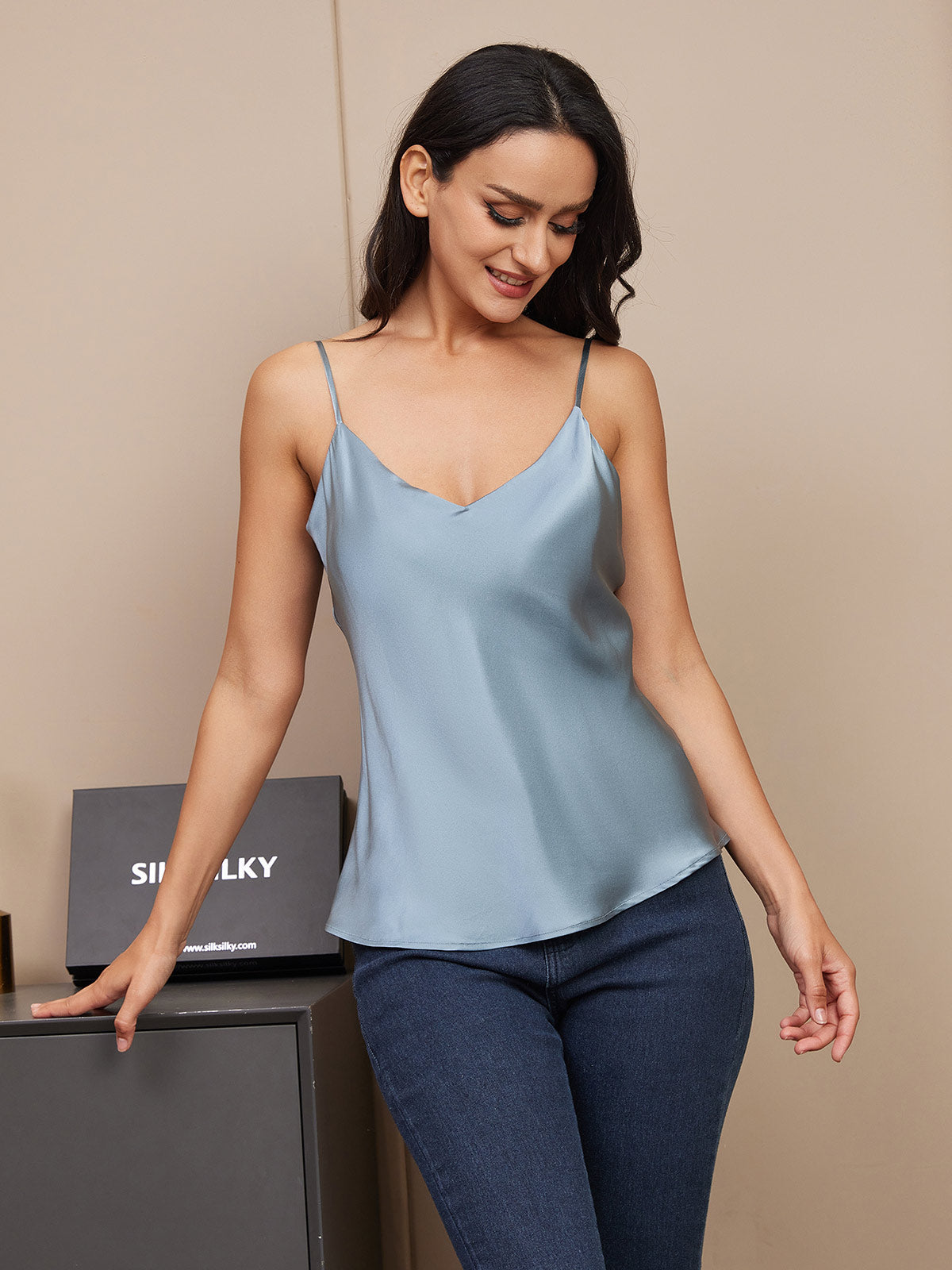 [Graublau] SilkSilky-DE Reine Seide V Ausschnitt Cami Top 003