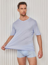 [Hellblau] SilkSilky-DE Kurzärmelig V Ausschnitt Herren T-Shirt 004