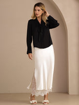 [Schwarz] SilkSilky-DE Long Sleeve Tie Neck Damenblusen 007