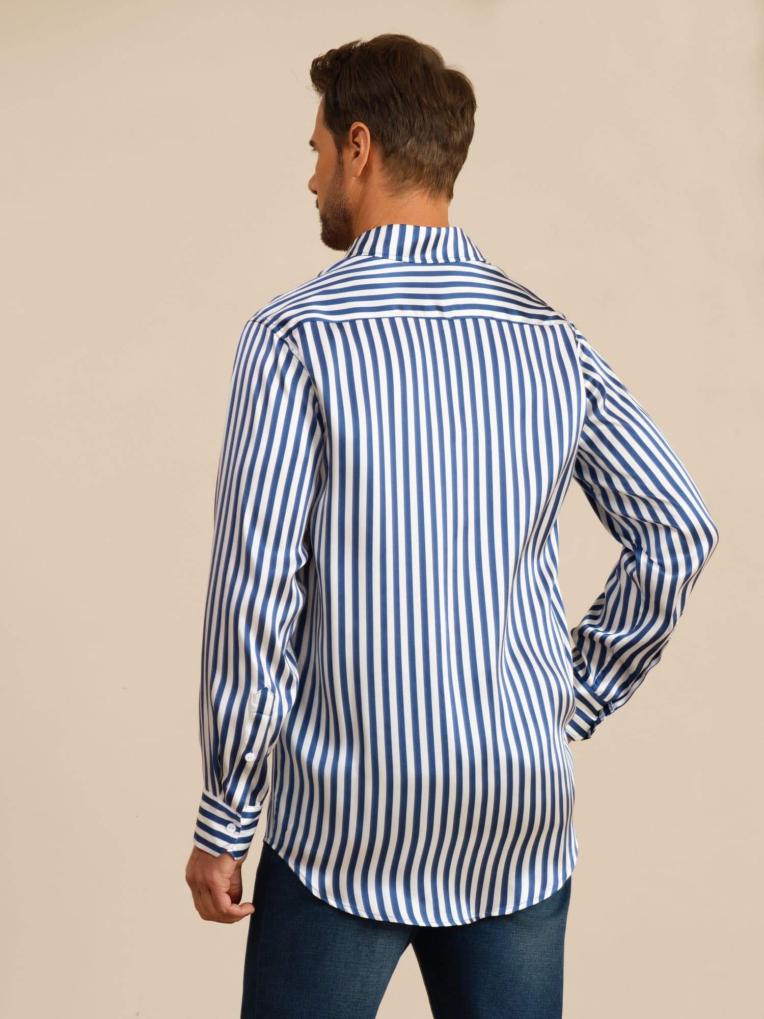 [Marine Streifen] SilkSilky-DE 19Momme Langärmelig Lapelkragen Herrenhemd 002