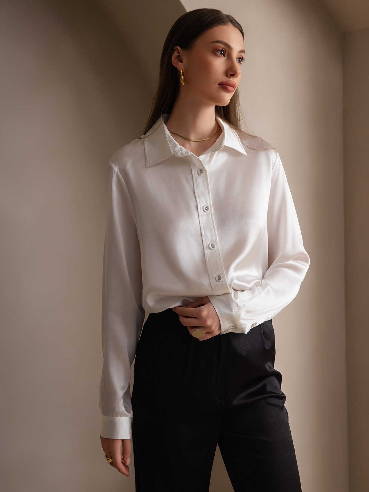 SilkSilky-DE 19Momme Seide Langärmelig Umlegekragen Damenhemd Weiß 006